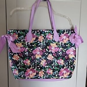 Floral Vinyl Tote Bag in Purple and Black Perfect For Carrying A Laptop